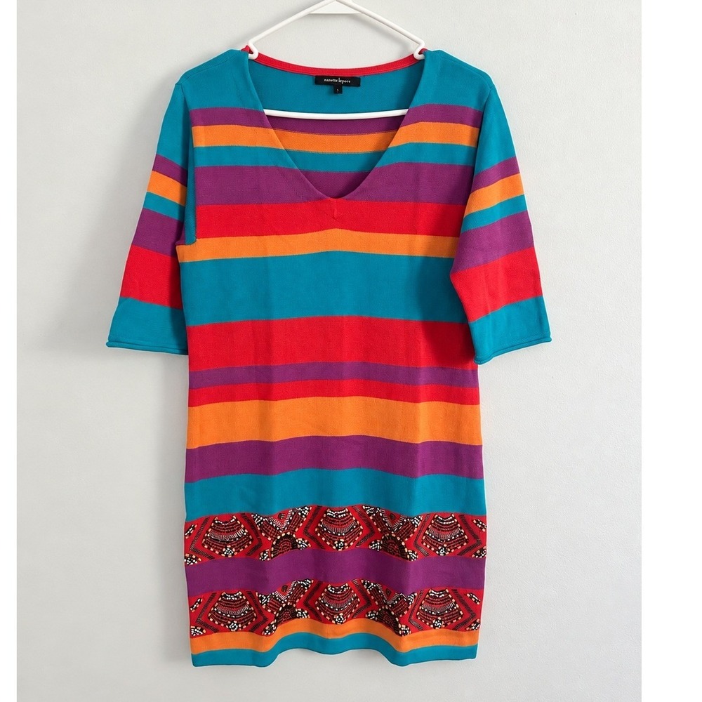 Nanette Lepore Womens Colorful Striped Beaded V-Neck Sweater Mini Dress Small